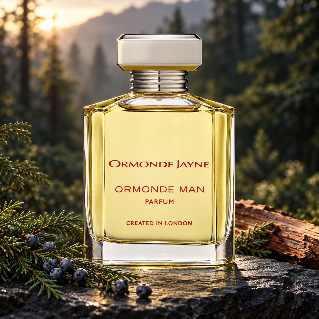 Ormonde Jayne Ormonde Man Parfum with juniper berries and cedarwood on slate before a softly lit conifer forest.