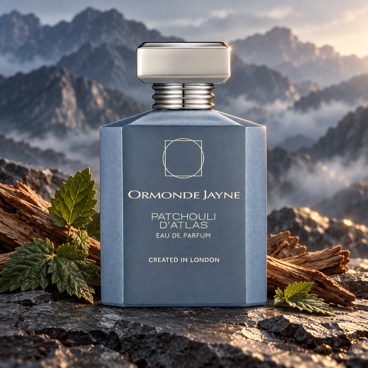 Ormonde Jayne Patchouli d’Atlas bottle with cedarwood and patchouli leaves on slate before misty mountains.