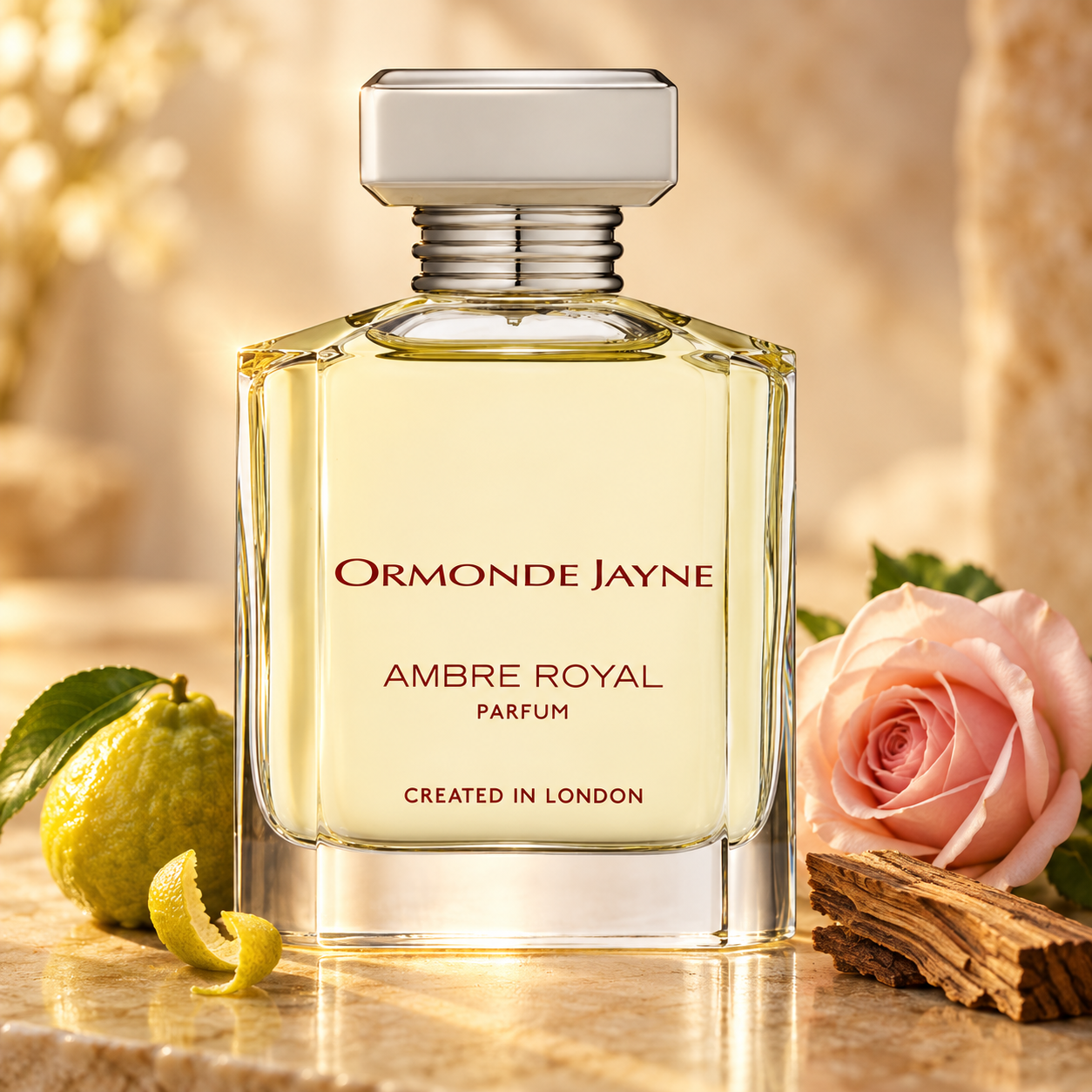 Ormonde Jayne Ambre Royal on pale stone with bergamot, a blush rose, and cedar wood in soft golden light.