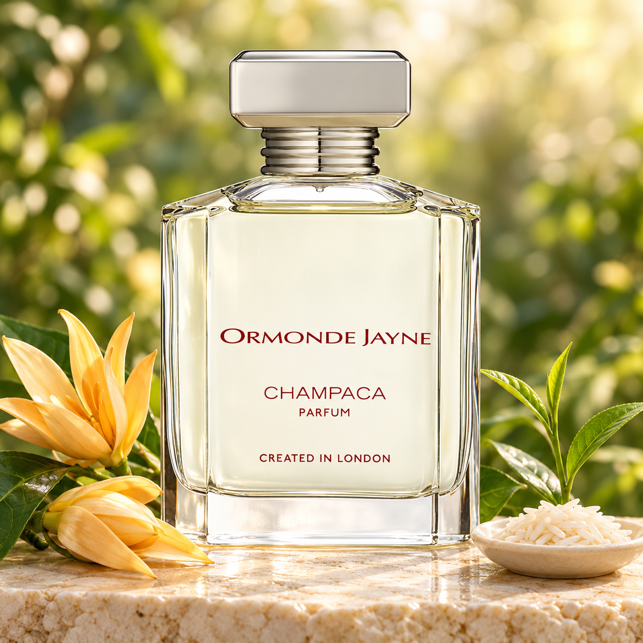 Ormonde Jayne Champaca on sunlit stone beside golden champaca flowers, fresh tea leaves, and a small dish of basmati rice.
