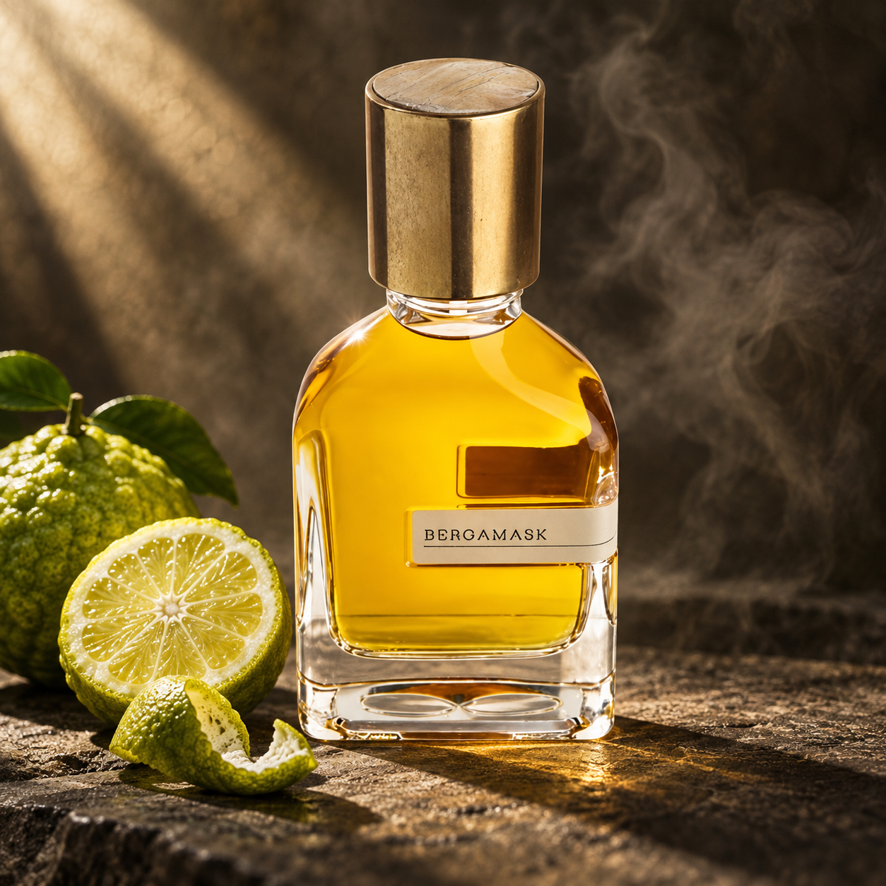 Orto Parisi Bergamask beside whole and cut bergamot on dark stone, with warm diagonal light and a smoky backdrop.