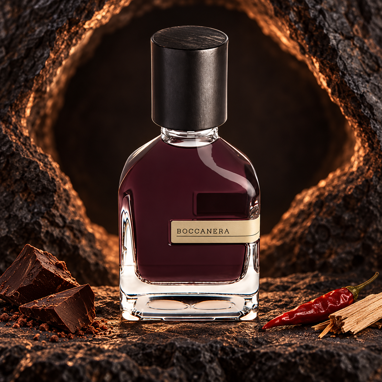 Orto Parisi Boccanera on dark stone beside chocolate, red chili, and sandalwood, framed by a shadowy rock opening with warm copper light.