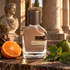 Orto Parisi Brutus beside mandarin, bergamot, and patchouli leaves on weathered stone, with Roman columns and a marble bust behind.