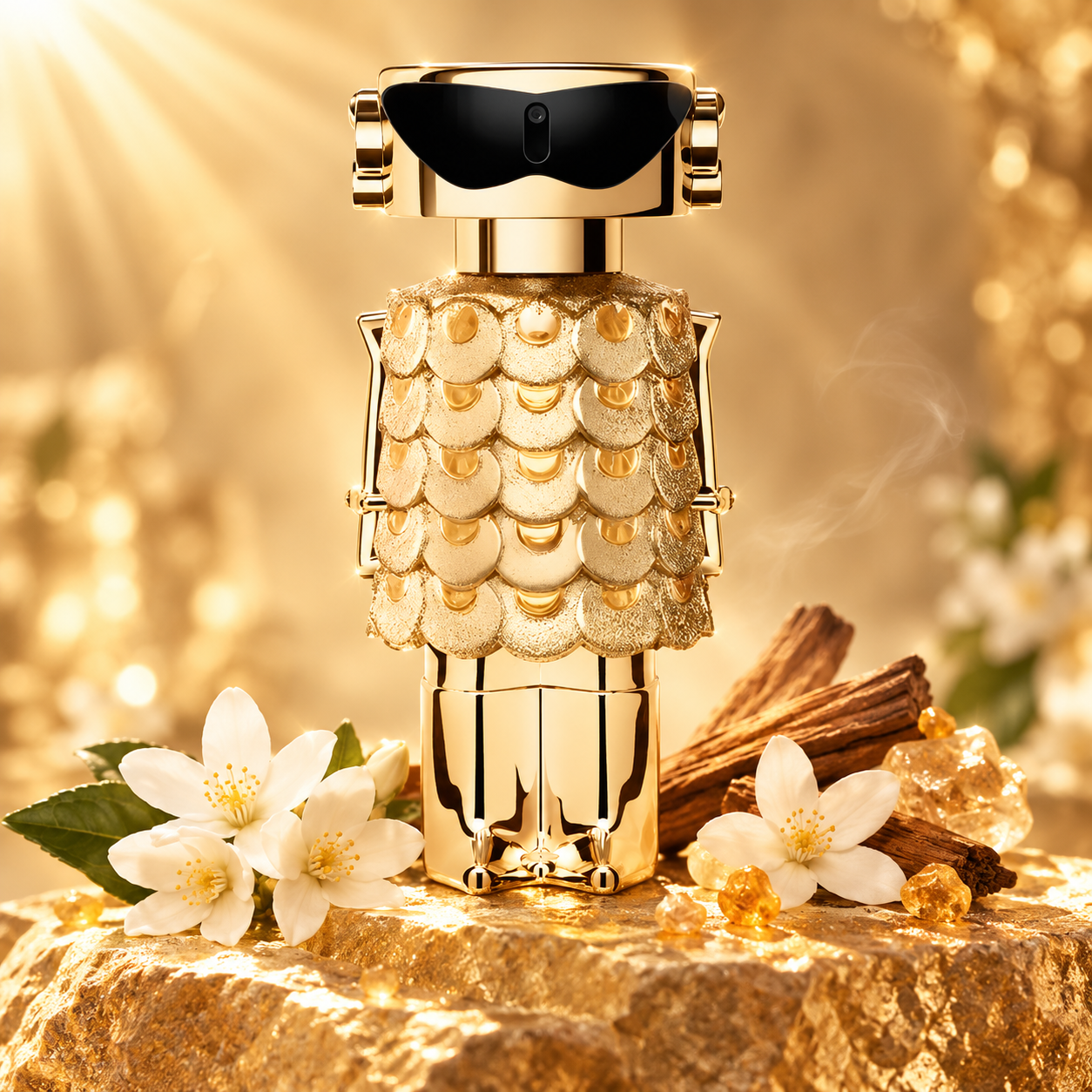Paco Rabanne Fame Intense gold bottle with jasmine, sandalwood and frankincense in radiant golden light.