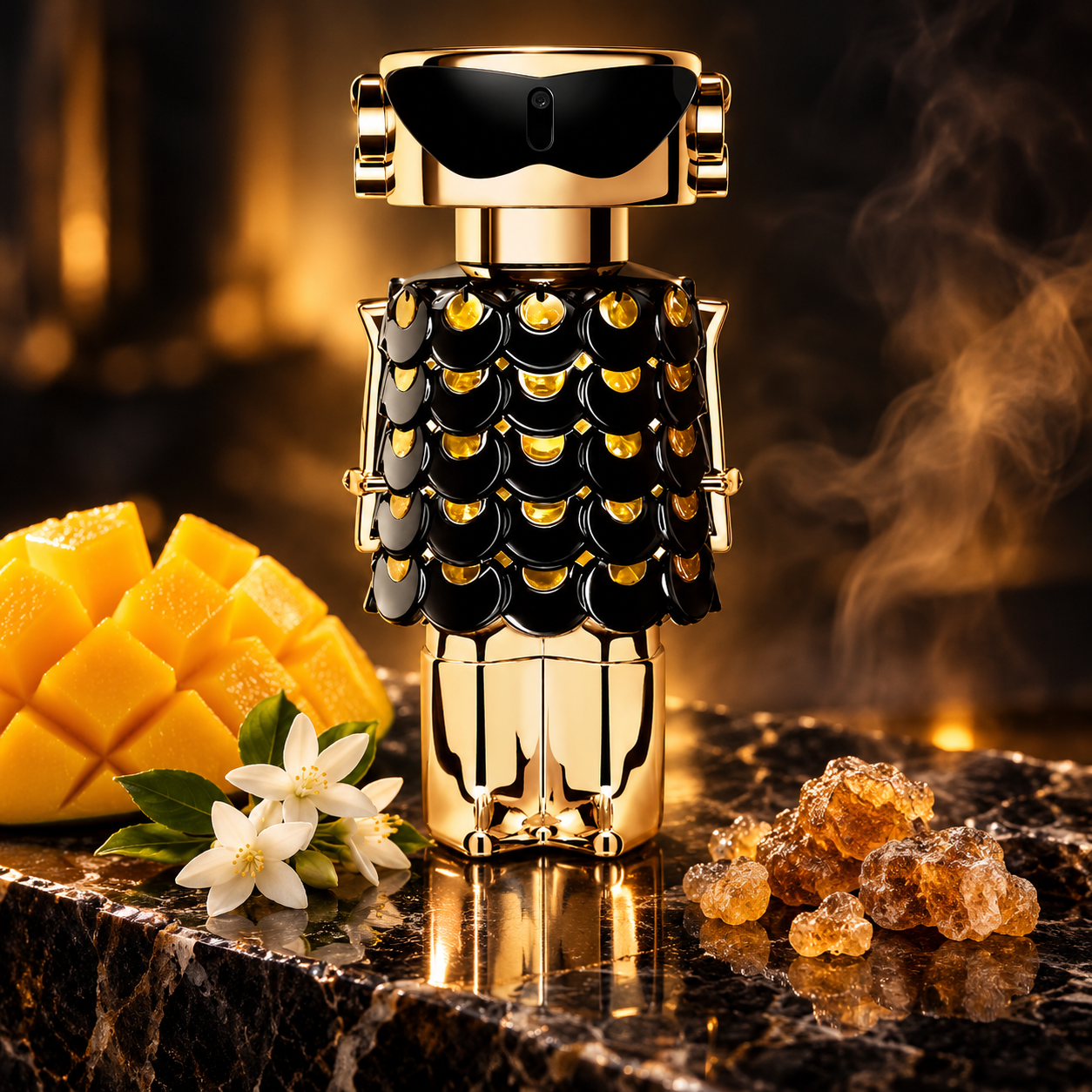 Paco Rabanne Fame Parfum black-and-gold bottle with mango, jasmine and resin on dark polished stone.