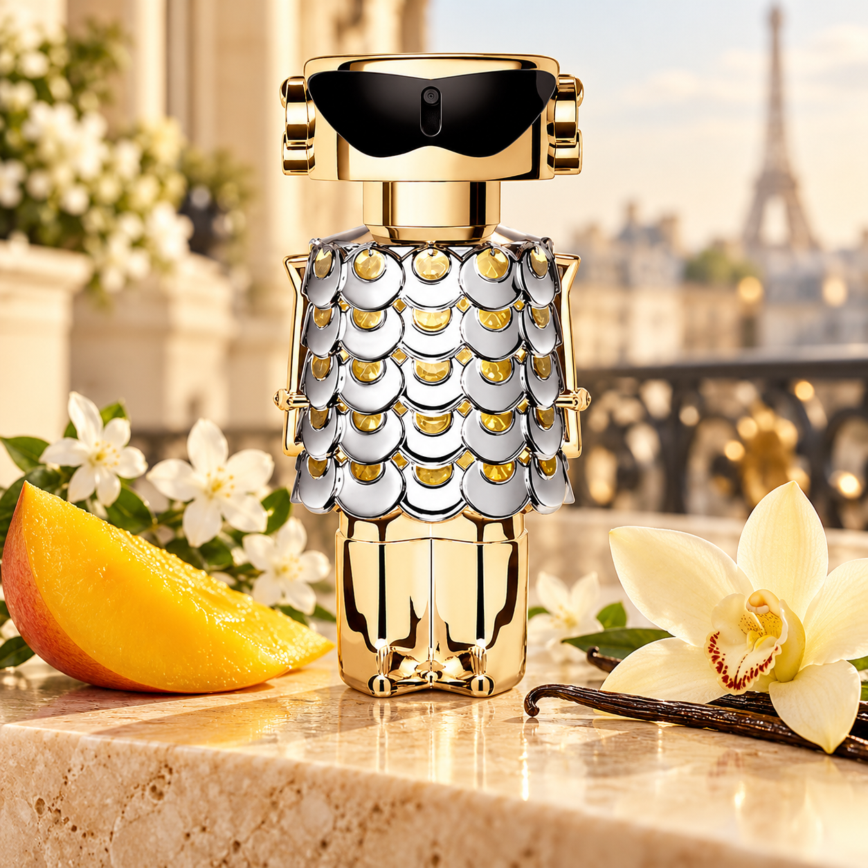 Paco Rabanne Fame bottle with mango, jasmine and vanilla orchid on a sunlit Parisian terrace.