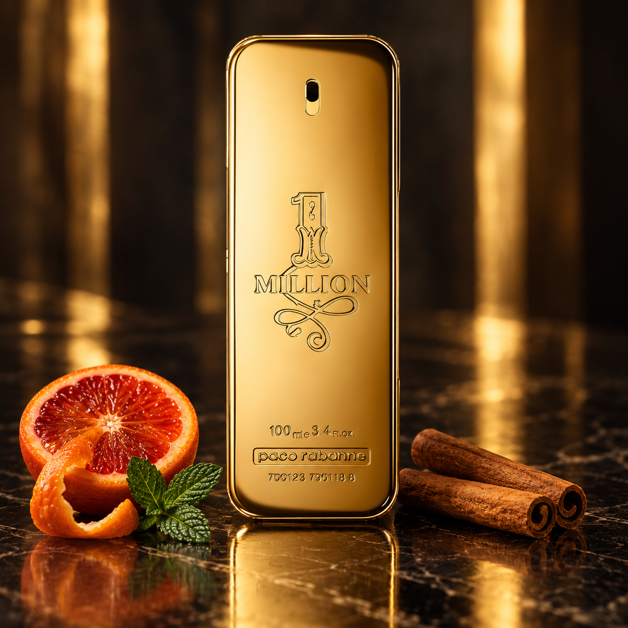 Paco Rabanne 1 Million gold bottle with red citrus, mint, and cinnamon on dark polished stone in golden lighting.
