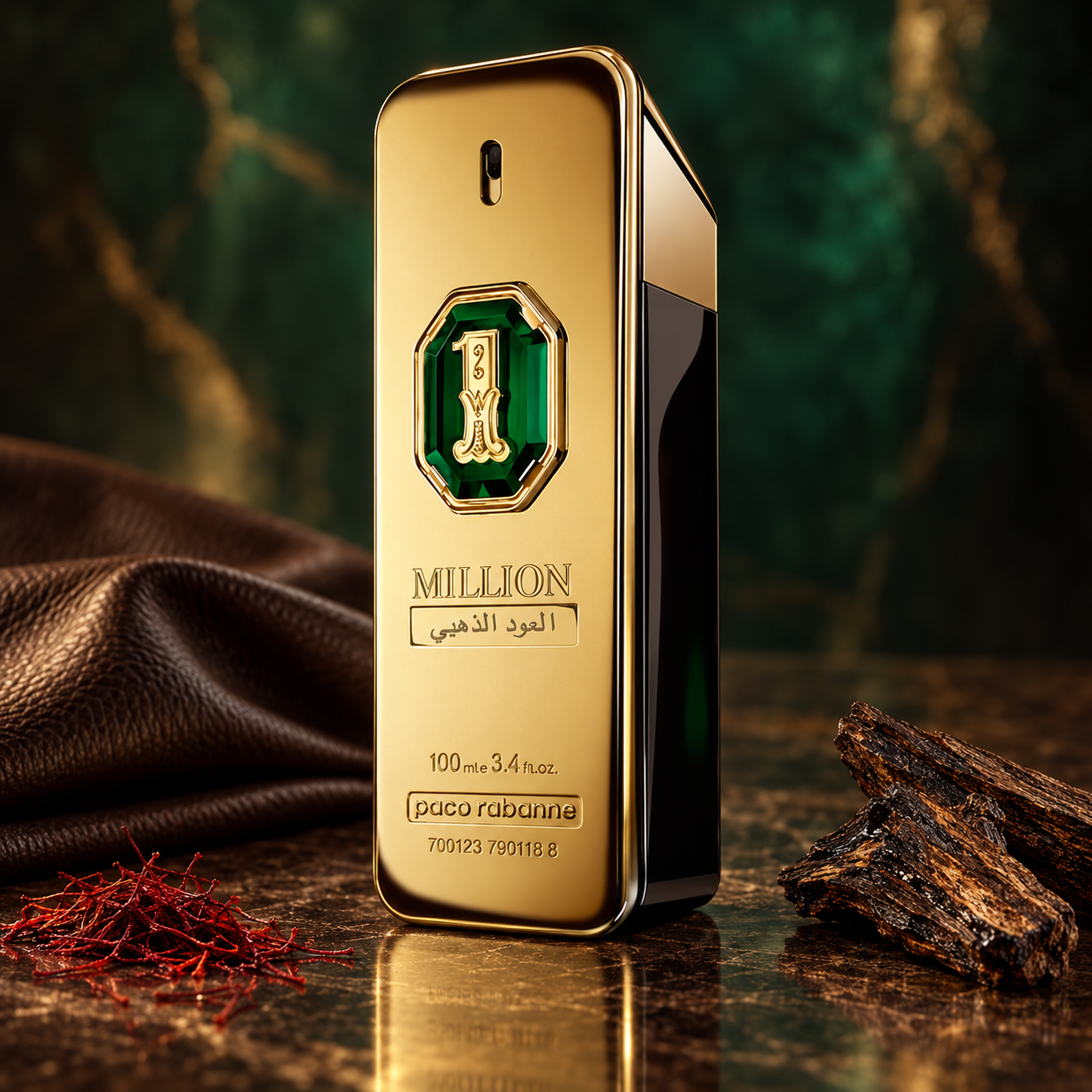 Paco Rabanne 1 Million Golden Oud bottle with saffron, oud wood, and dark leather against an emerald backdrop in warm golden lighting.