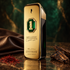Paco Rabanne 1 Million Golden Oud bottle with saffron, oud wood, and dark leather against an emerald backdrop in warm golden lighting.