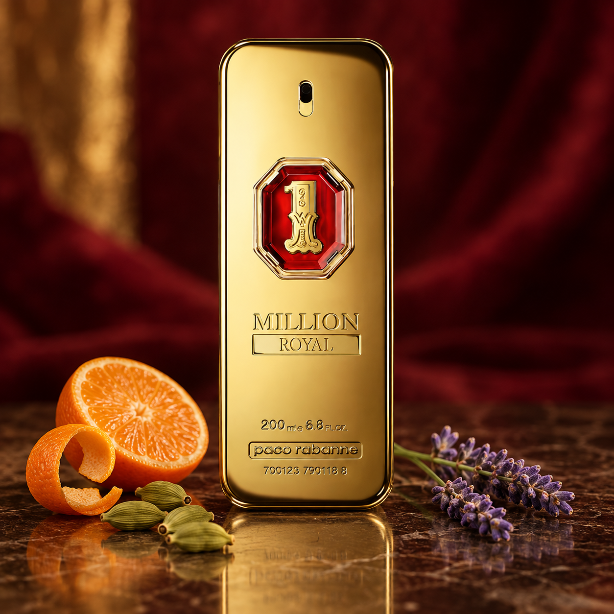 Paco Rabanne 1 Million Royal gold bottle with tangerine, cardamom, and lavender against a burgundy background.