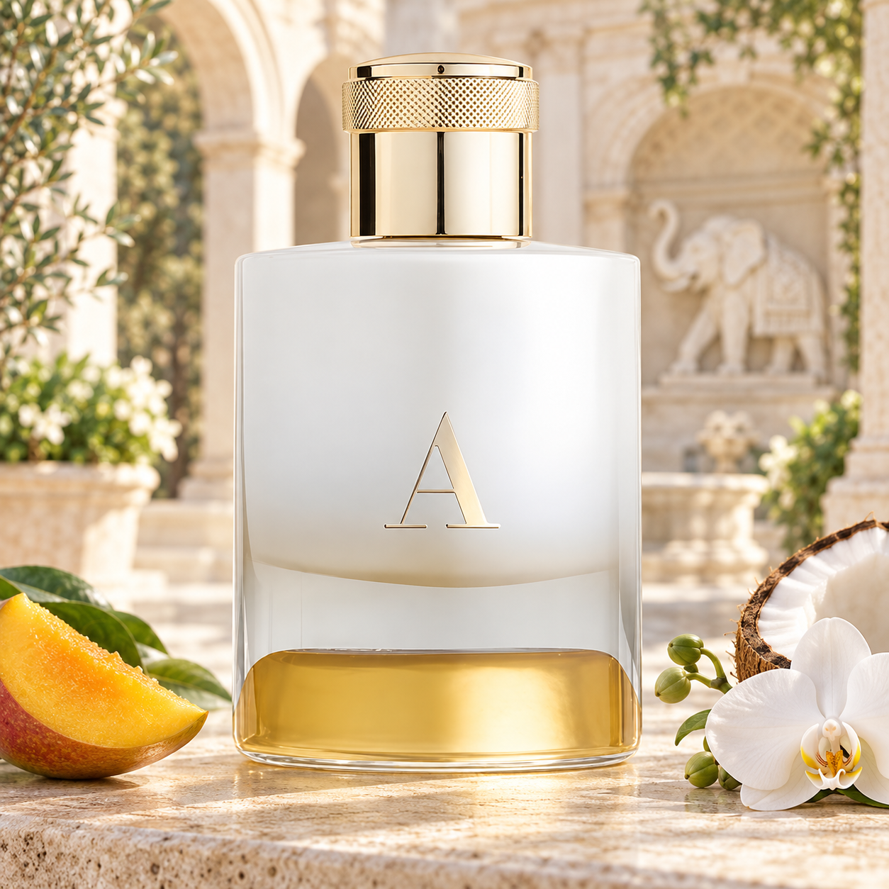 Pantheon Roma A bottle with mango, coconut, and white orchids in a sunlit stone courtyard with an elephant relief.