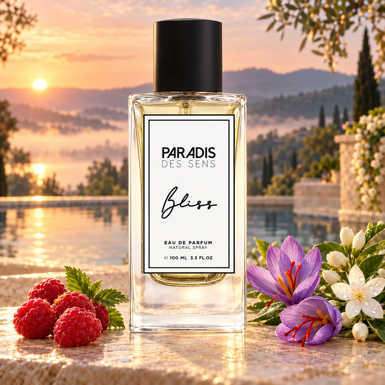 Paradis des Sens Bliss beside raspberries, saffron crocuses, and dew-covered jasmine, overlooking still water and misty hills at sunrise.
