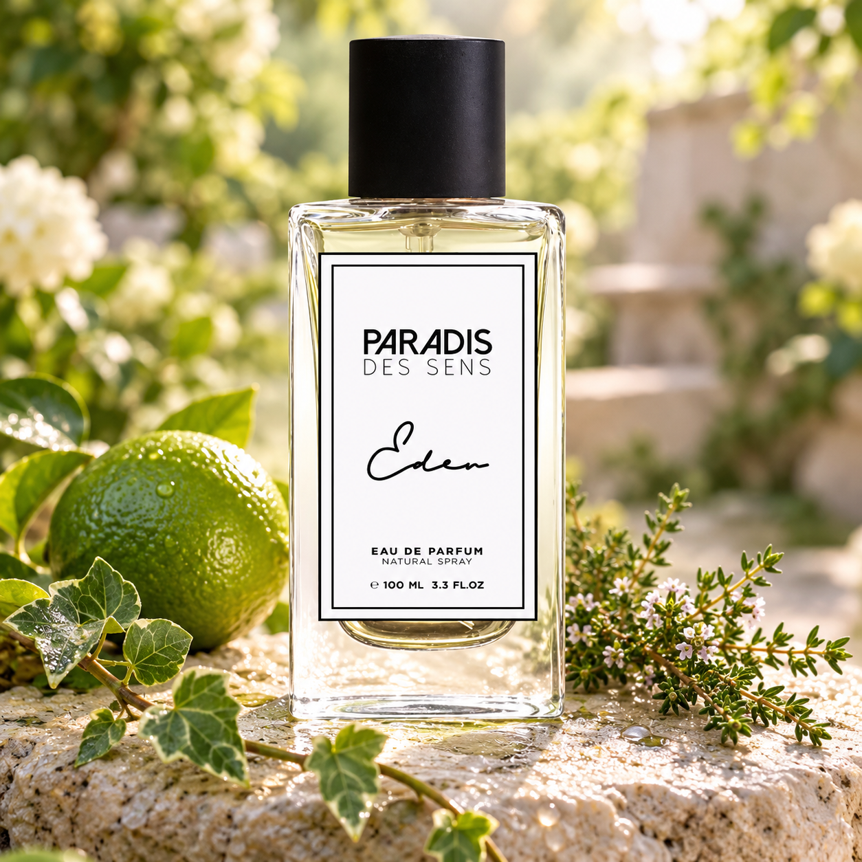 Paradis des Sens Eden bottle with a whole lime, ivy and flowering thyme on dew-kissed stone in soft garden light.