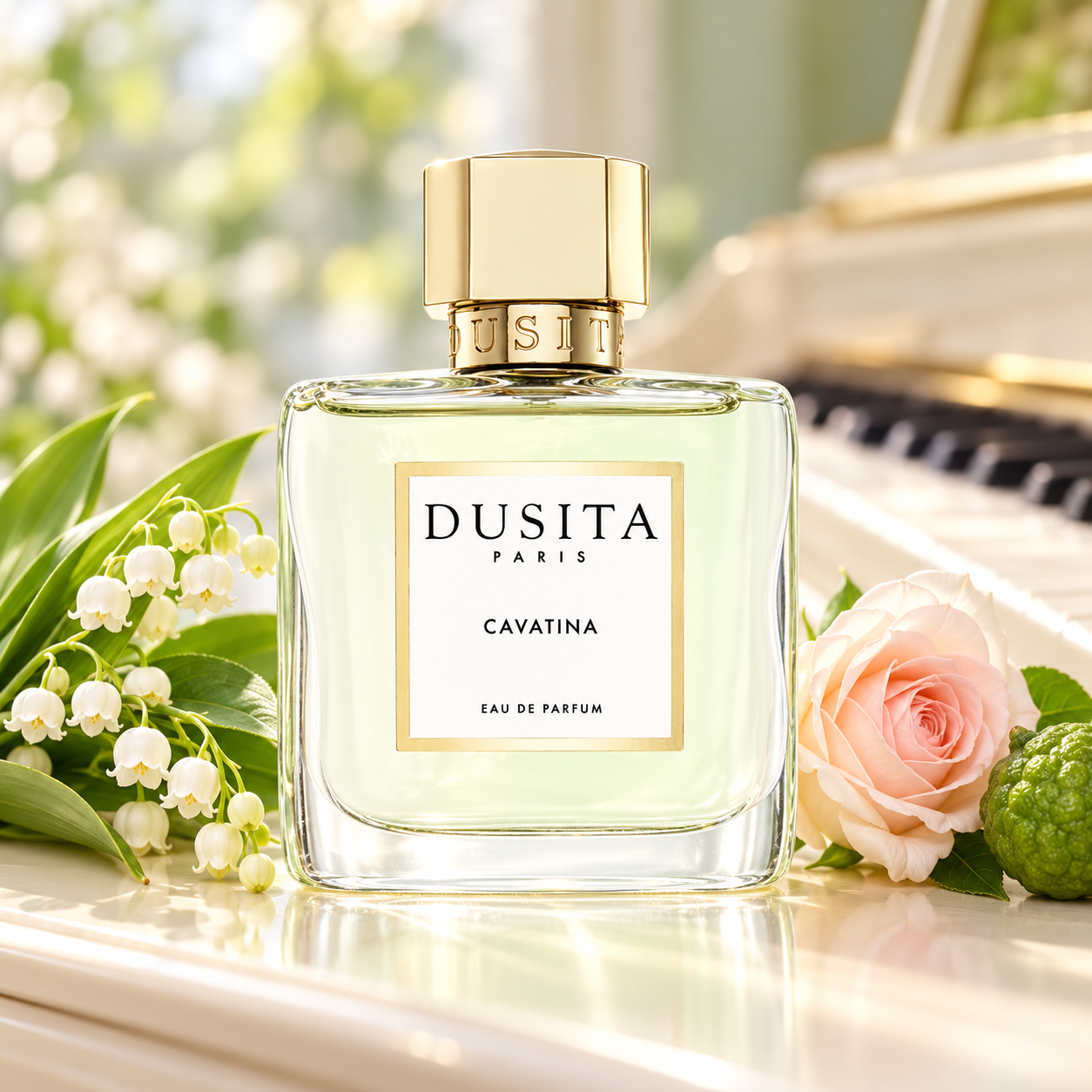Dusita Cavatina beside lily-of-the-valley, a blush rose, and bergamot on an ivory piano, with softly blurred keys behind.