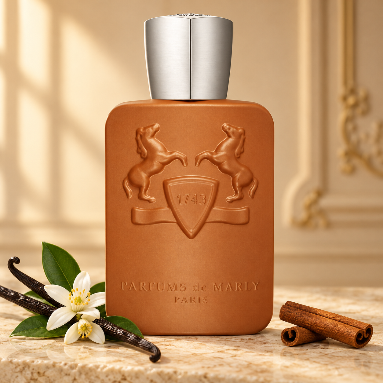 Parfums de Marly Althaïr’s terracotta bottle stands beside vanilla pods, white orange blossom, and cinnamon on pale stone in warm window light.