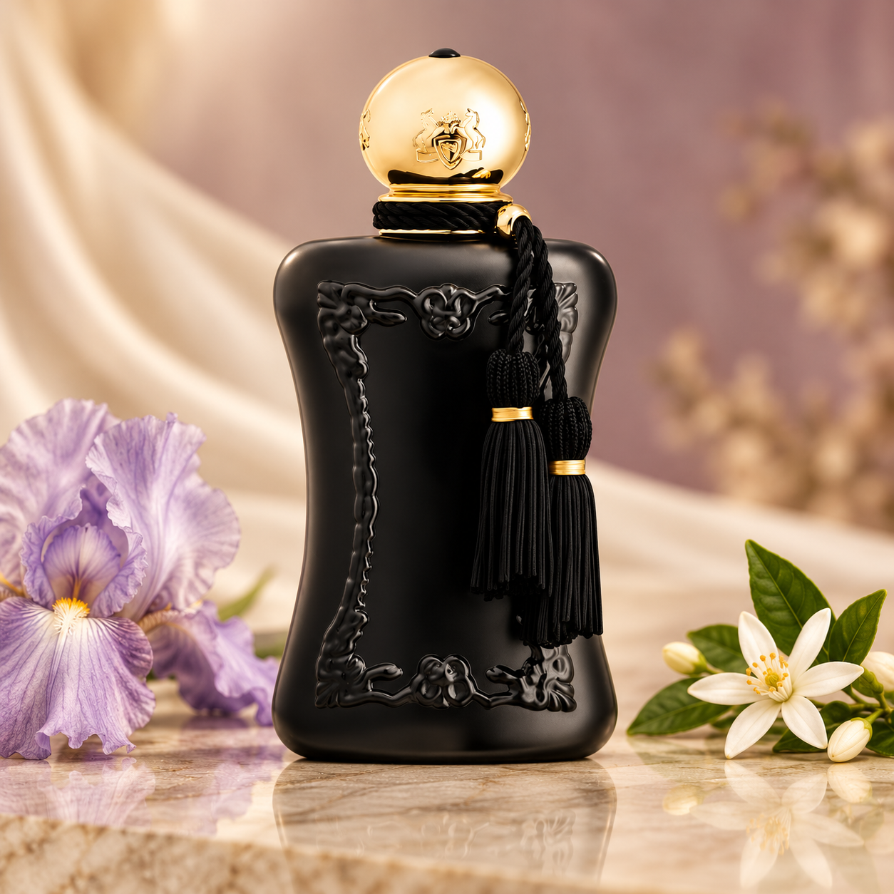 Parfums de Marly Athalia on polished ivory stone beside pale lavender iris and orange blossom, with soft ivory silk and a muted mauve backdrop.