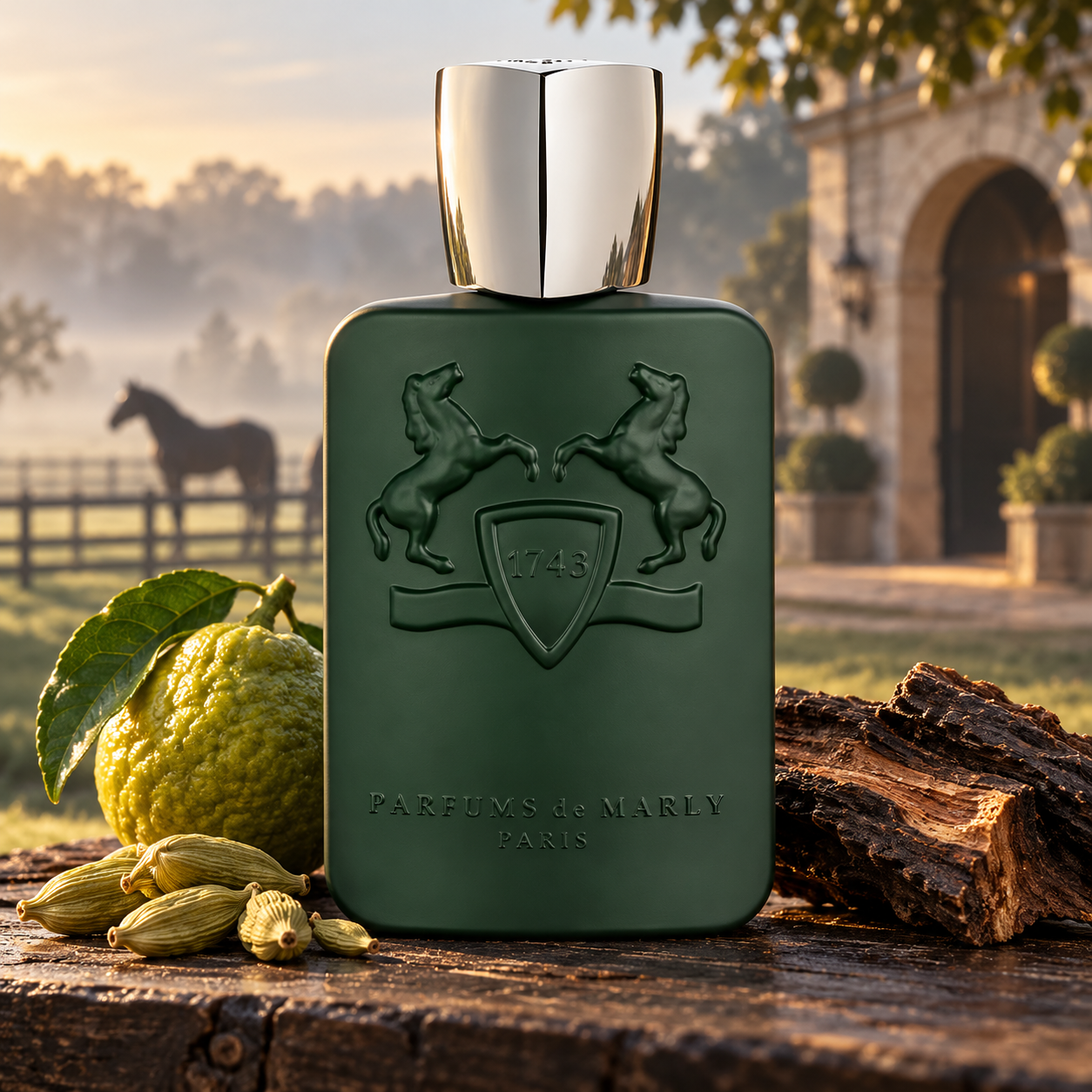 Parfums de Marly Byerley with bergamot, cardamom, and dark wood overlooking a misty paddock and stone stable.