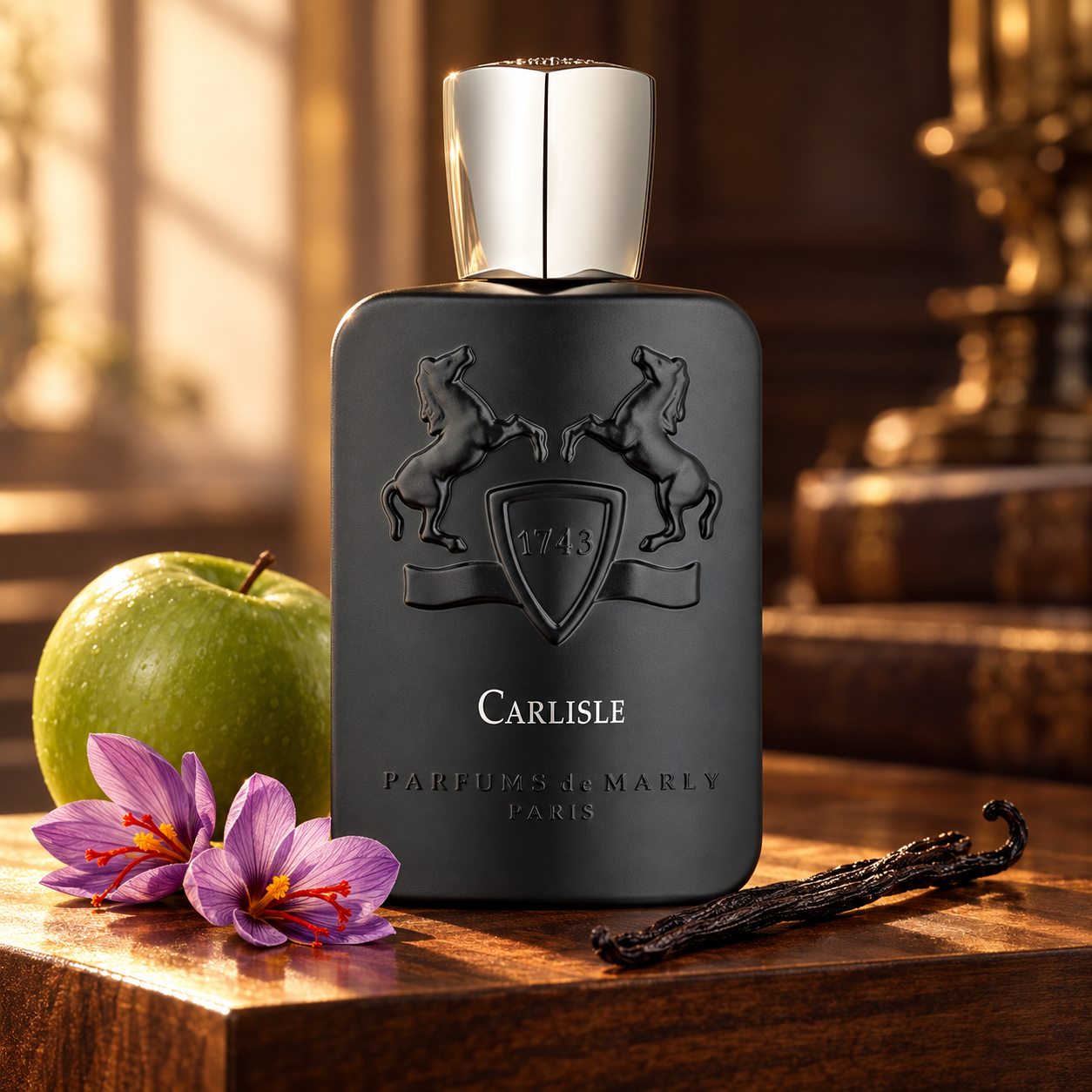 Parfums de Marly Carlisle with a green apple, purple saffron crocuses, and vanilla pods on walnut wood in warm golden light.