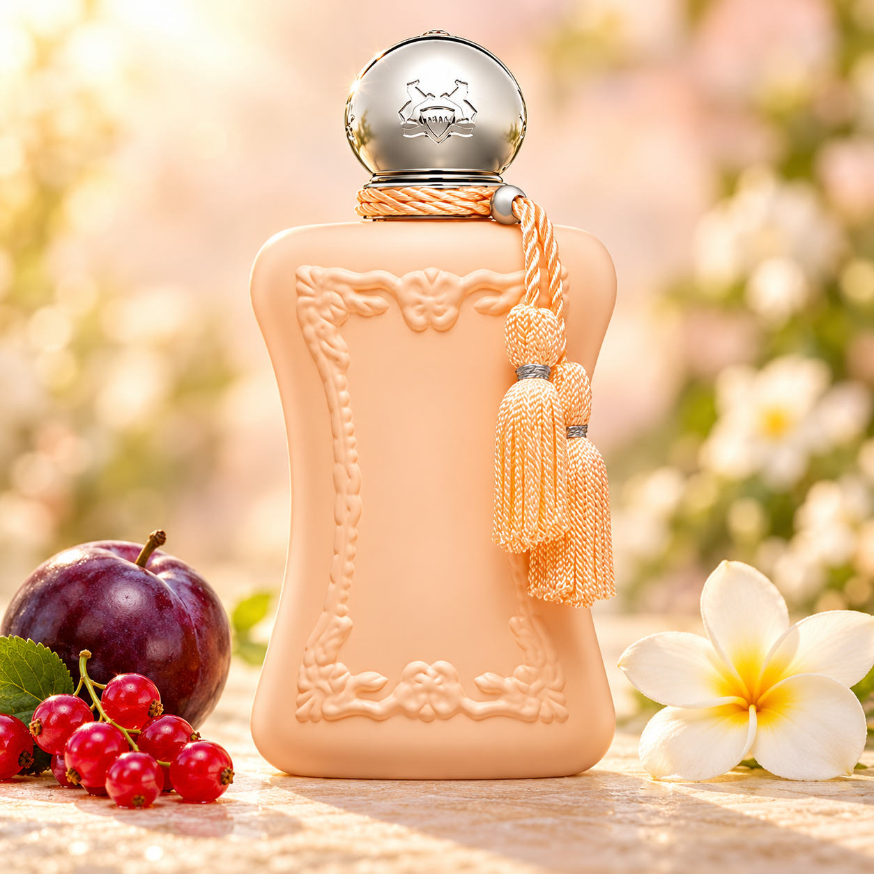 Parfums de Marly Cassili’s peach bottle beside plum, red currants, and white frangipani in soft golden light.