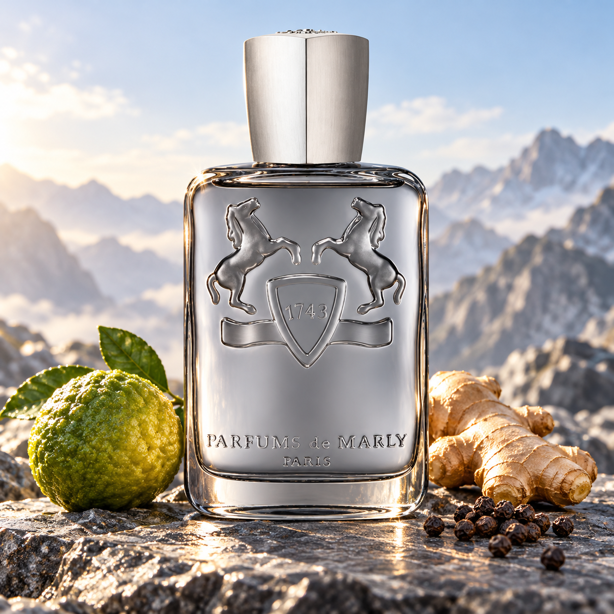 Parfums de Marly Castley beside bergamot, ginger, and black peppercorns on a rocky ledge overlooking sunlit mountains.