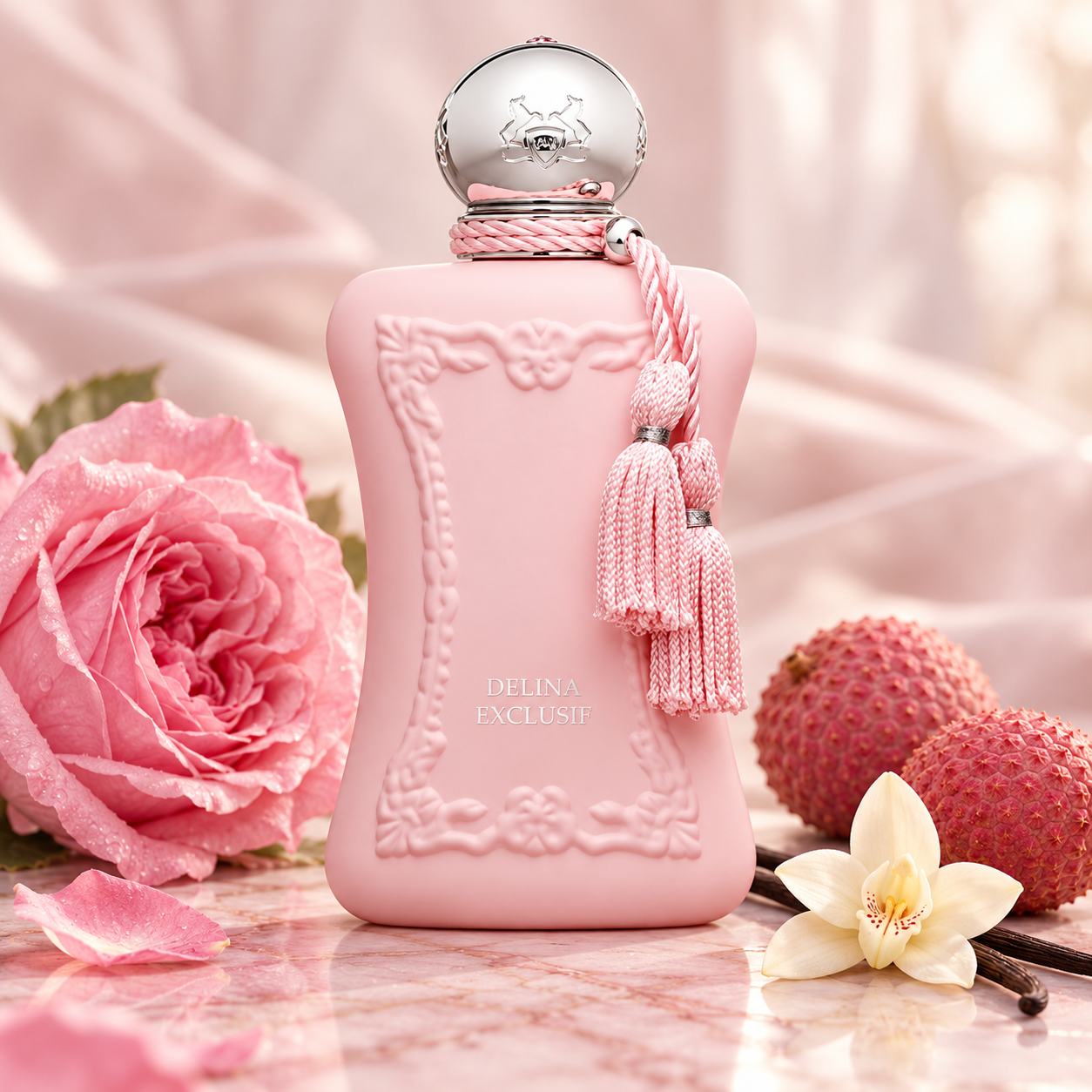 Parfums de Marly Delina Exclusif bottle with a pink rose, whole lychees and a vanilla orchid on softly lit pink marble.