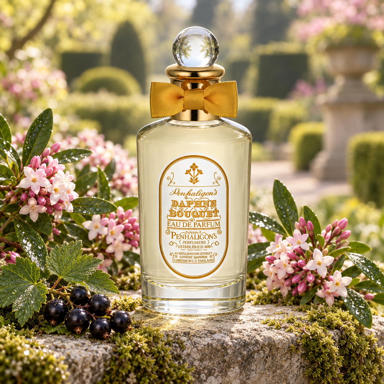 Penhaligon’s Daphne Bouquet stands on mossy stone among pink-and-white daphne blossoms and blackcurrants, with clipped garden hedges in soft spring sunlight.