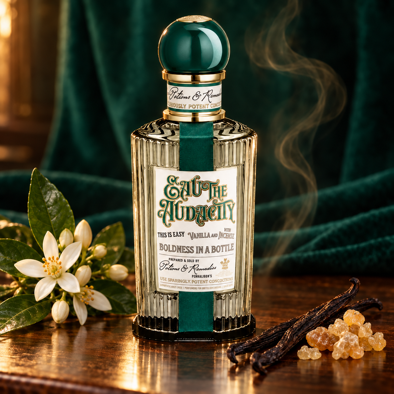 Penhaligon’s Eau the Audacity stands beside orange blossoms, vanilla pods, and frankincense resin against emerald velvet, with smoke in warm amber light.