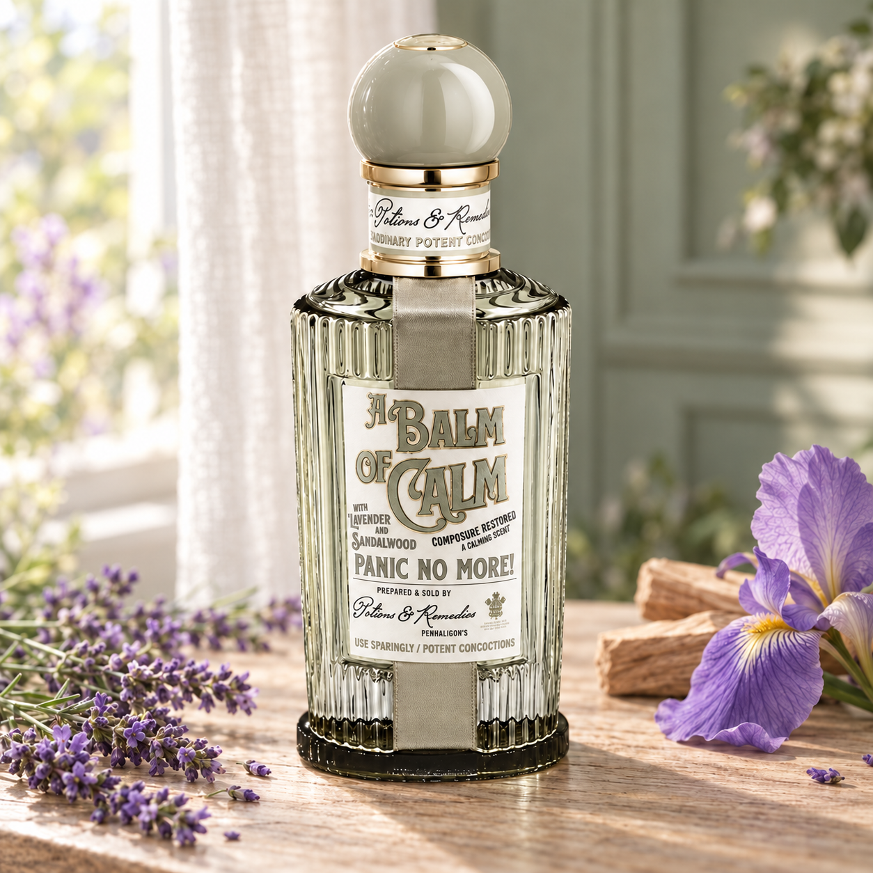 Penhaligon’s A Balm of Calm bottle beside lavender, purple iris, and sandalwood in soft window light.