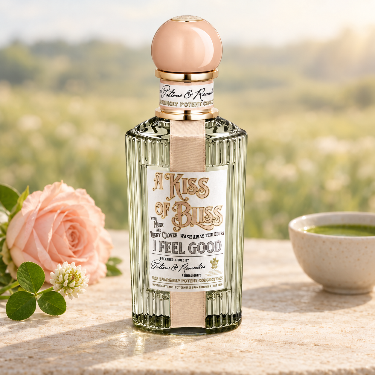 Penhaligon’s A Kiss of Bliss bottle beside clover, a blush rose, and matcha tea against a softly blurred sunlit meadow.