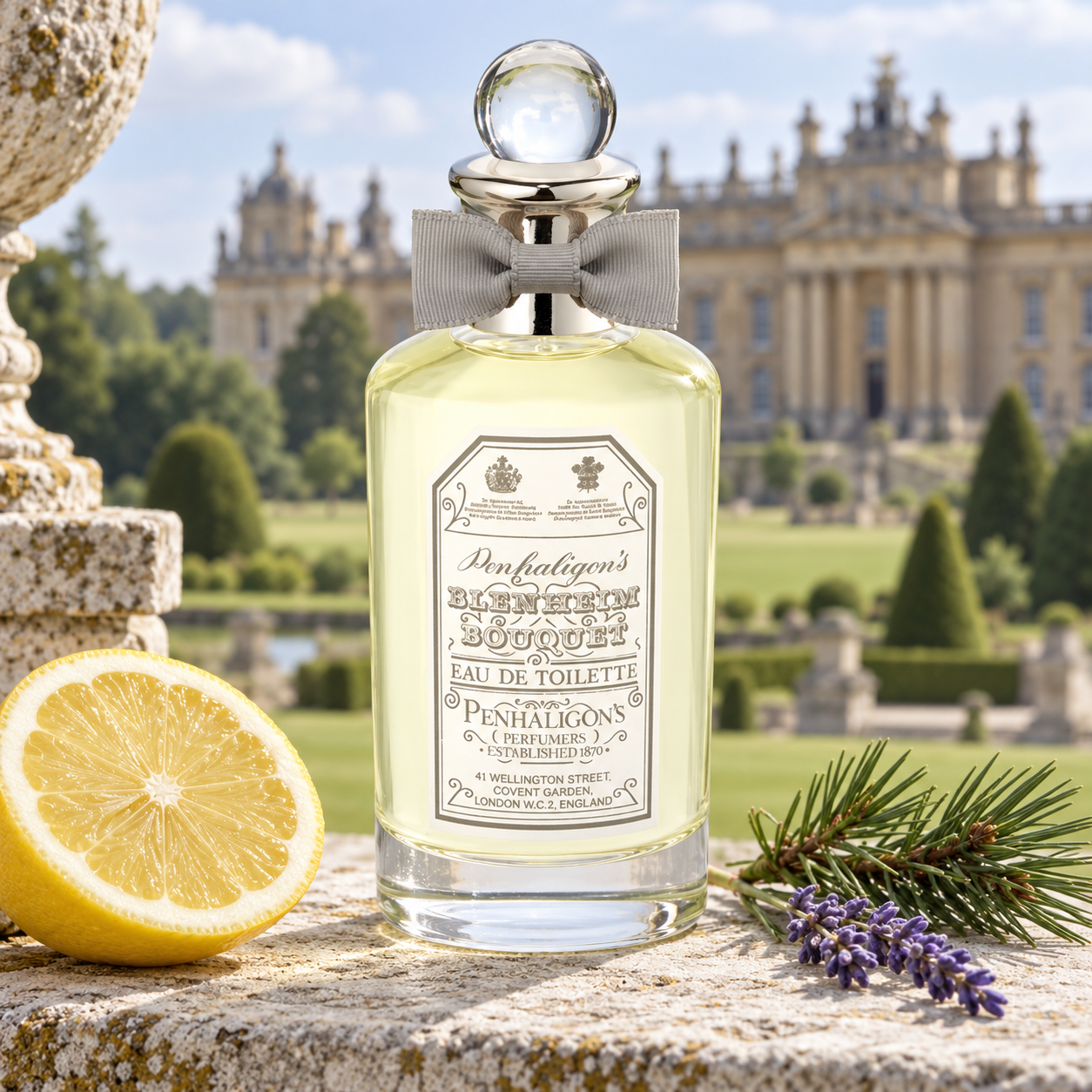 Penhaligon’s Blenheim Bouquet on a stone balustrade beside lemon, pine, and lavender, overlooking formal gardens and a grand English country house.