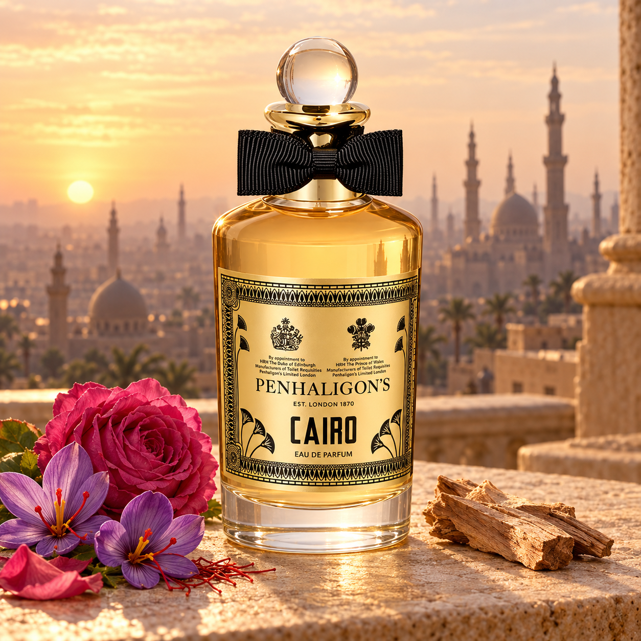 Penhaligon’s Cairo on a sandstone terrace with rose, purple saffron crocuses, and sandalwood against a golden sunrise skyline.