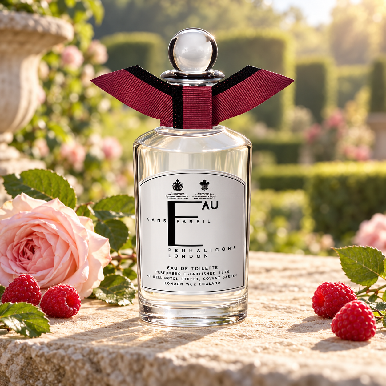 Penhaligon’s Eau Sans Pareil bottle with a burgundy ribbon, raspberries and a pink rose on sunlit garden stone.