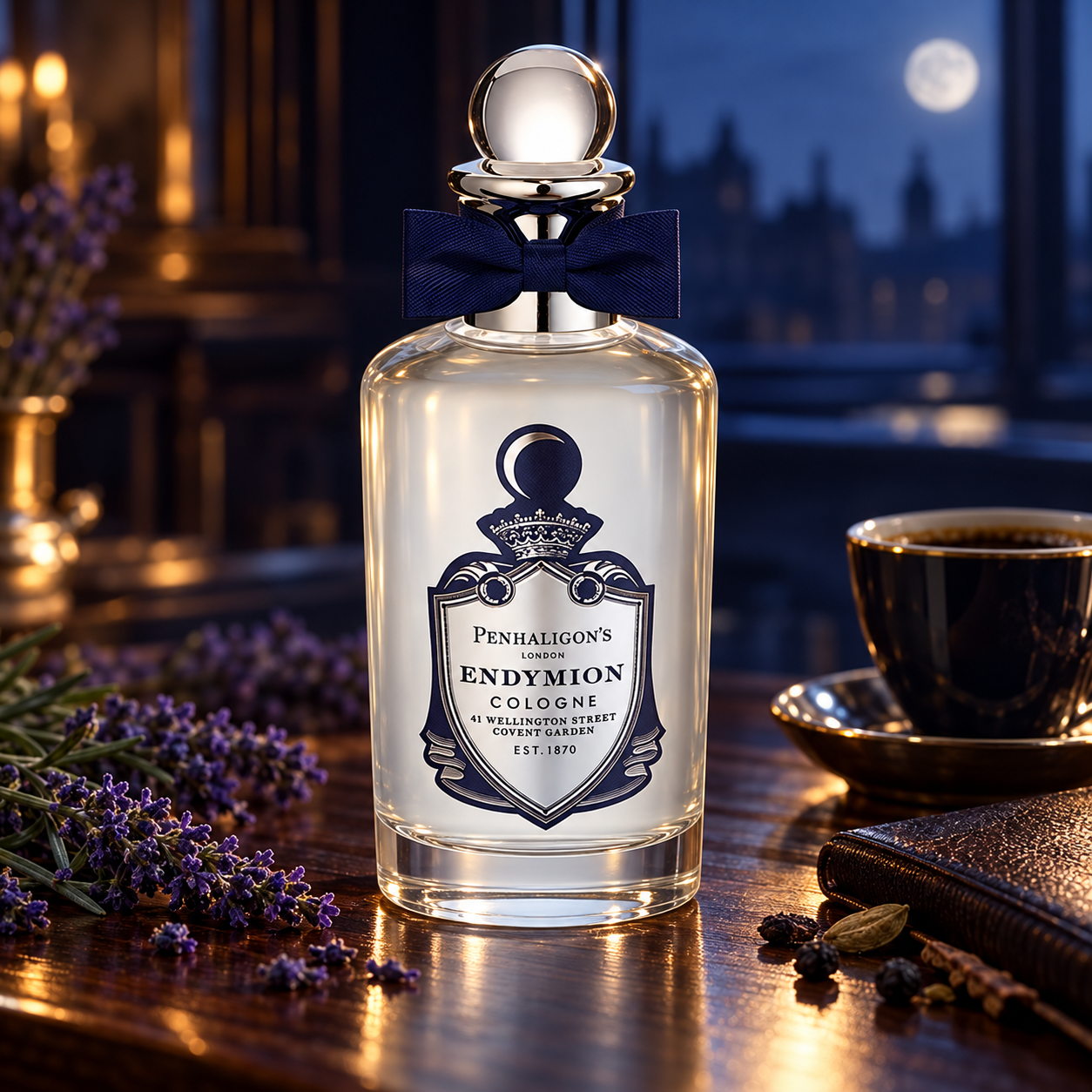 Penhaligon's Endymion bottle beside lavender, black coffee and dark leather in a moonlit wood-paneled room.