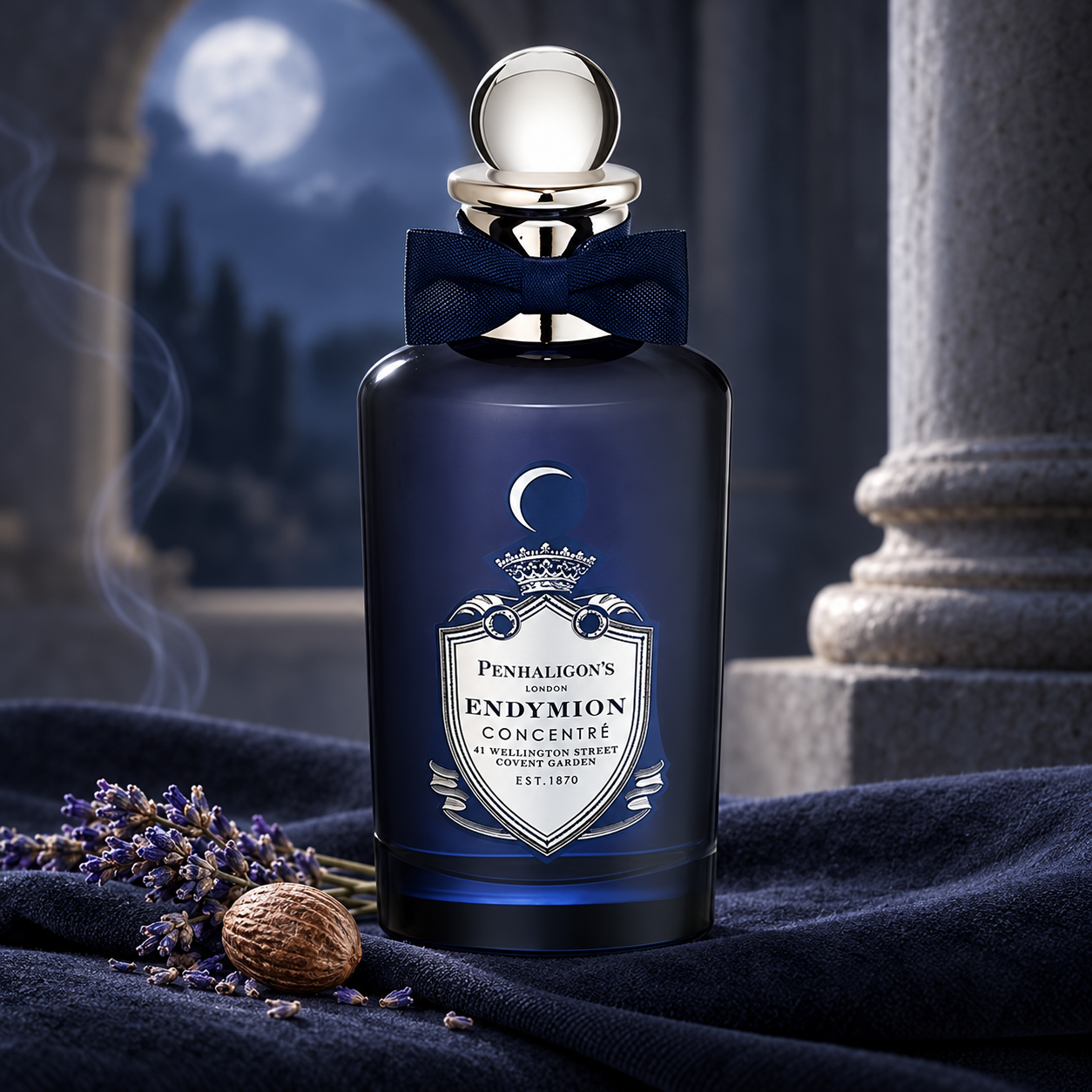 Penhaligon's Endymion Concentre bottle on navy suede with lavender and nutmeg beneath a moonlit stone arch.
