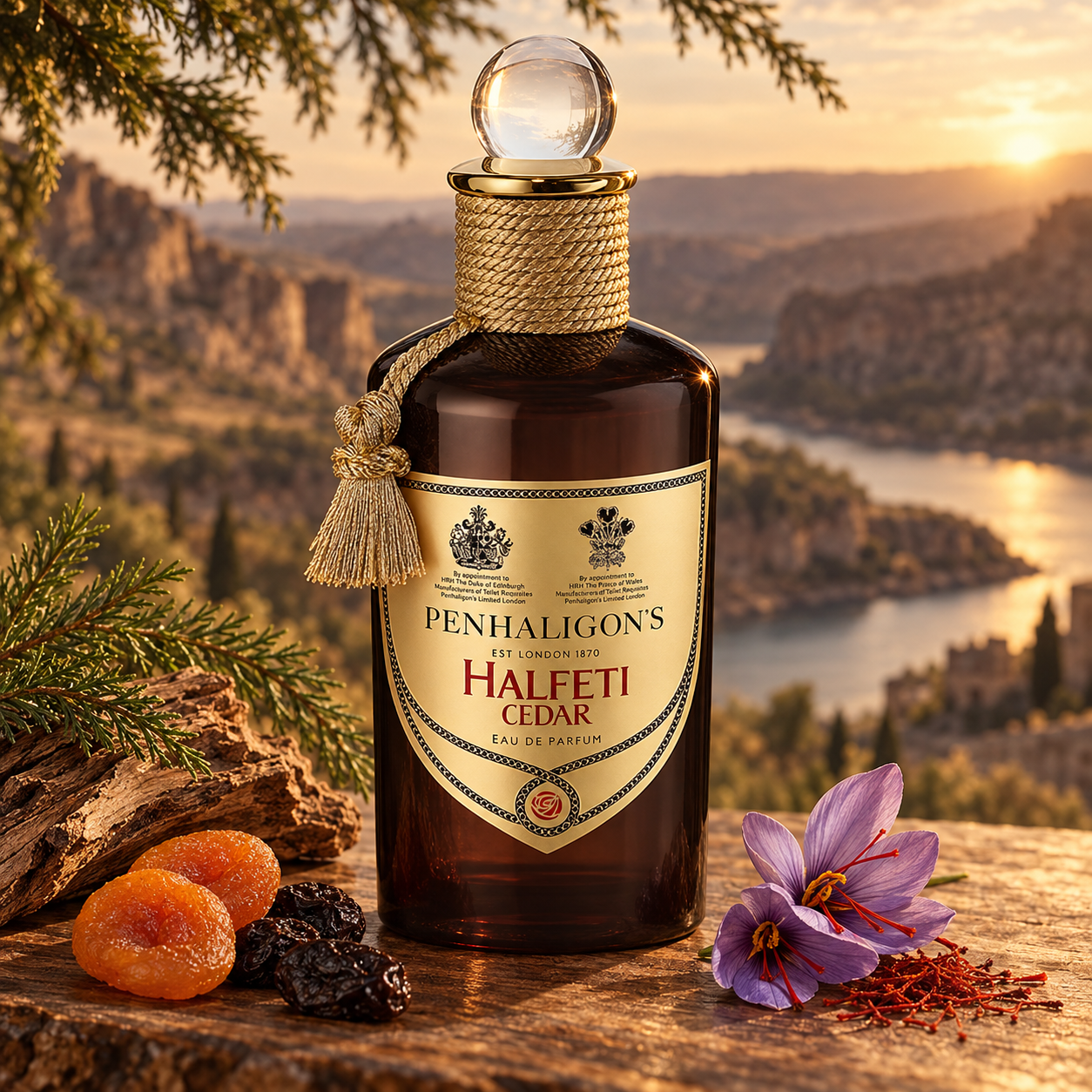 Penhaligon’s Halfeti Cedar stands beside cedar wood, dried fruits, and saffron crocuses above a winding river at sunset.