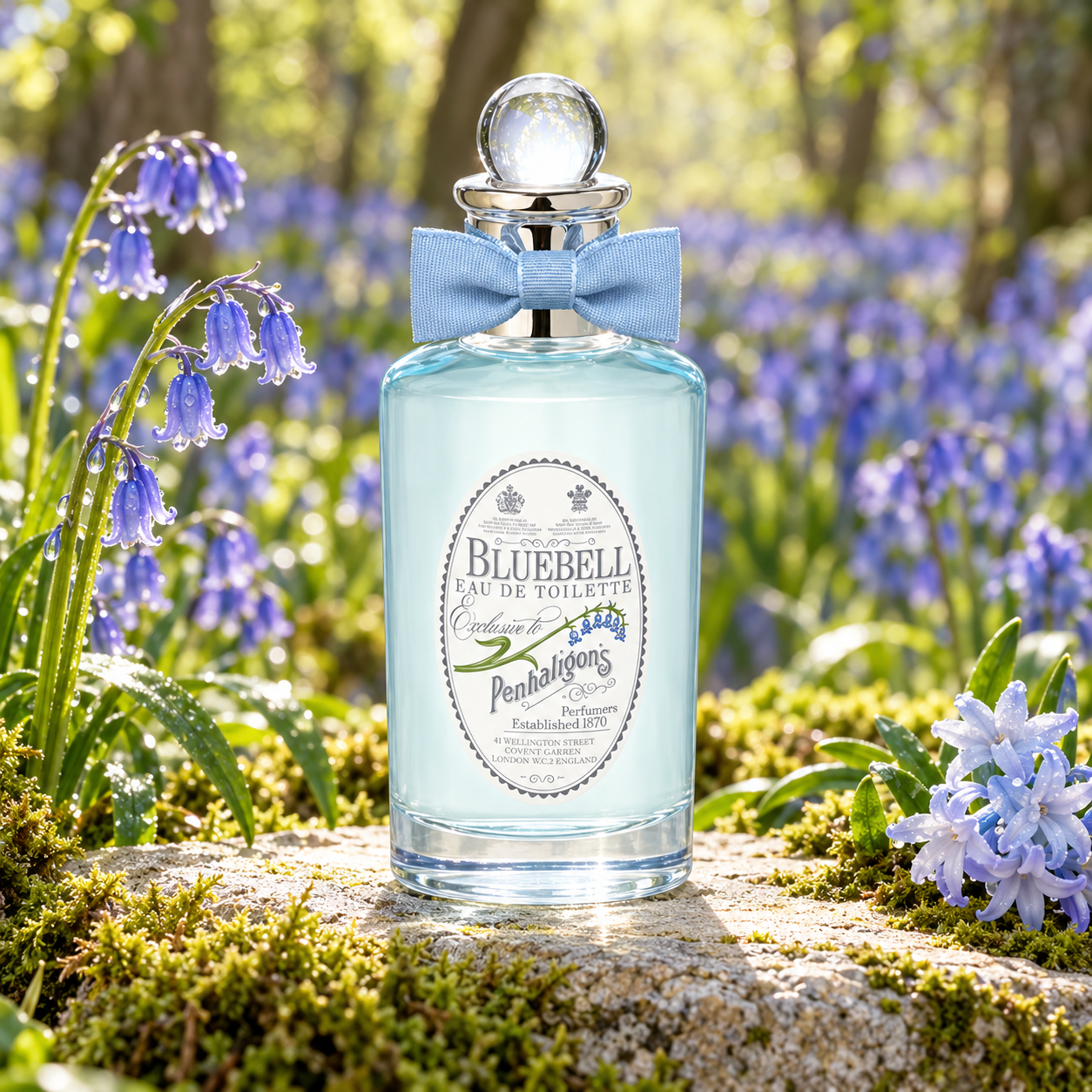 Penhaligon’s Bluebell bottle with a pale blue bow among dewy bluebells and moss in a sunlit woodland.