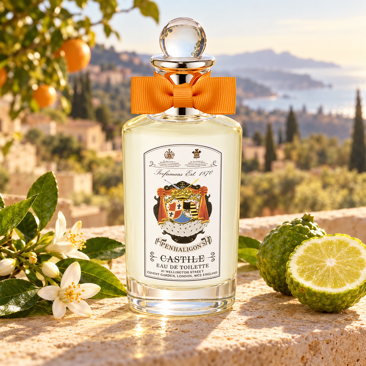 Penhaligon’s Castile bottle with an orange bow, orange blossoms and bergamot on a sunlit Mediterranean terrace.