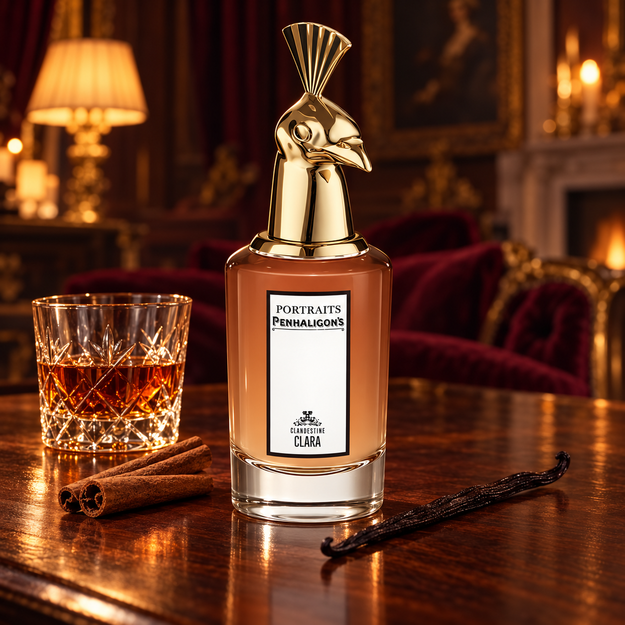 Penhaligon’s Clandestine Clara bottle with its gold bird cap beside rum, cinnamon and vanilla in a warmly lit salon.