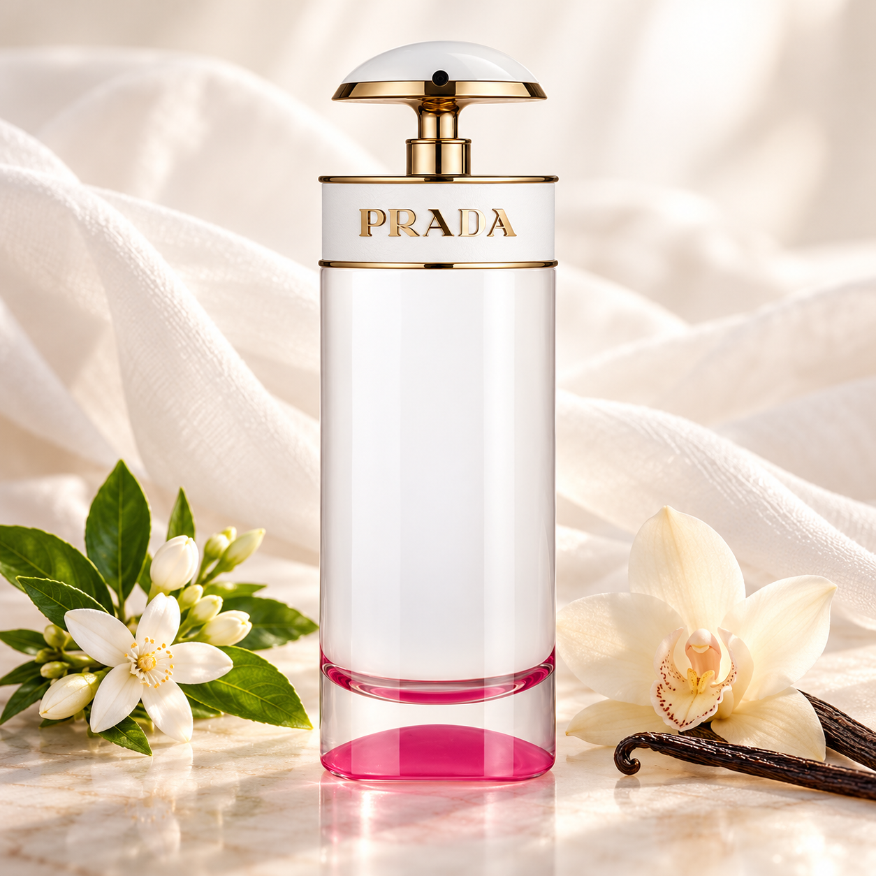 Prada Candy Kiss with orange blossoms, a vanilla orchid, and vanilla pods against softly draped white fabric in warm light.