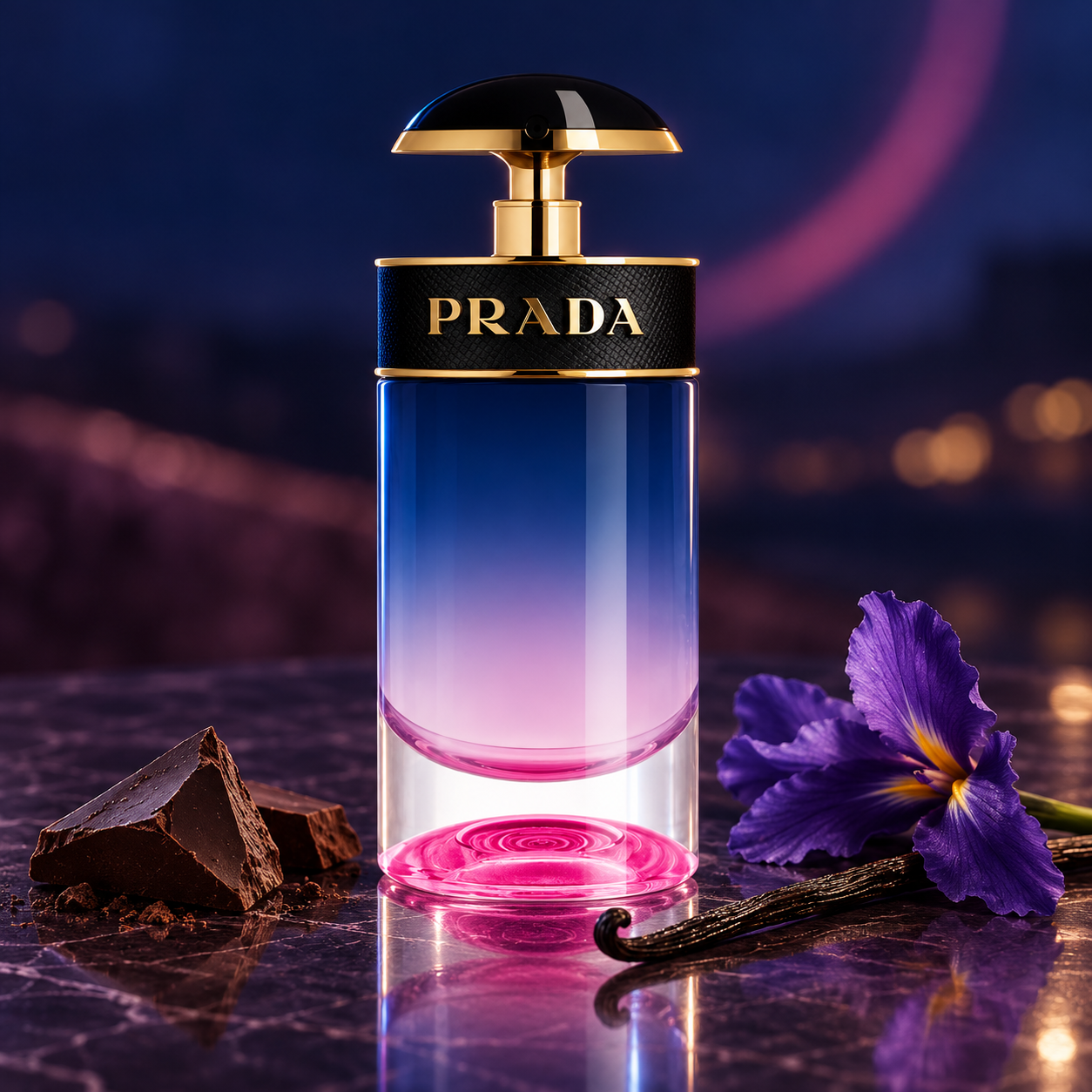 Prada Candy Night with dark chocolate, vanilla, and a purple iris on reflective plum stone beneath soft midnight lighting.
