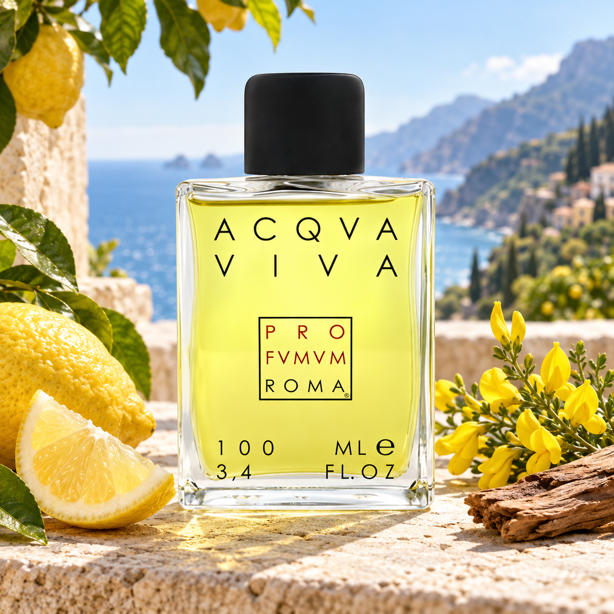 Profumum Roma Acqua Viva stands beside Amalfi lemons, yellow broom flowers, and cedarwood on a sunlit terrace overlooking the coast.