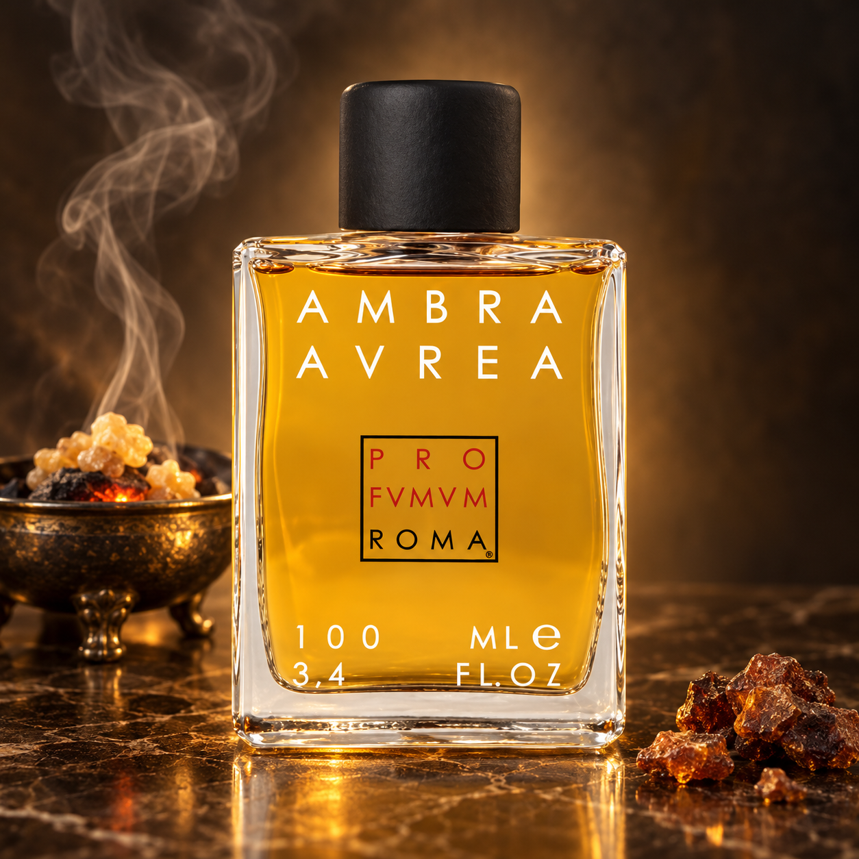 Profumum Roma Ambra Aurea bottle beside smoking incense and myrrh resin on dark polished stone in warm golden light.