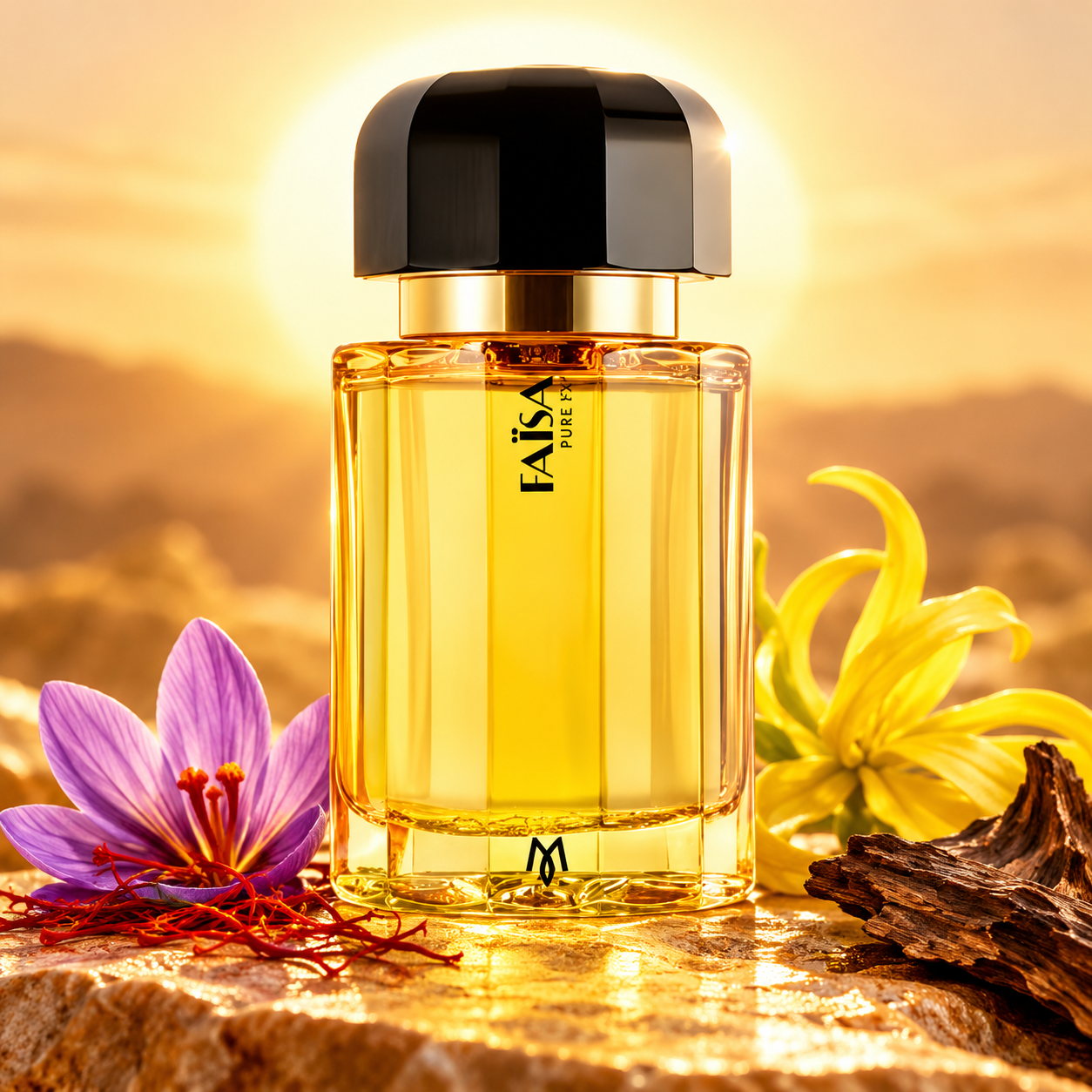Ramon Monegal Faïsa bottle with saffron crocus, ylang-ylang and oud wood in radiant golden sunlight.