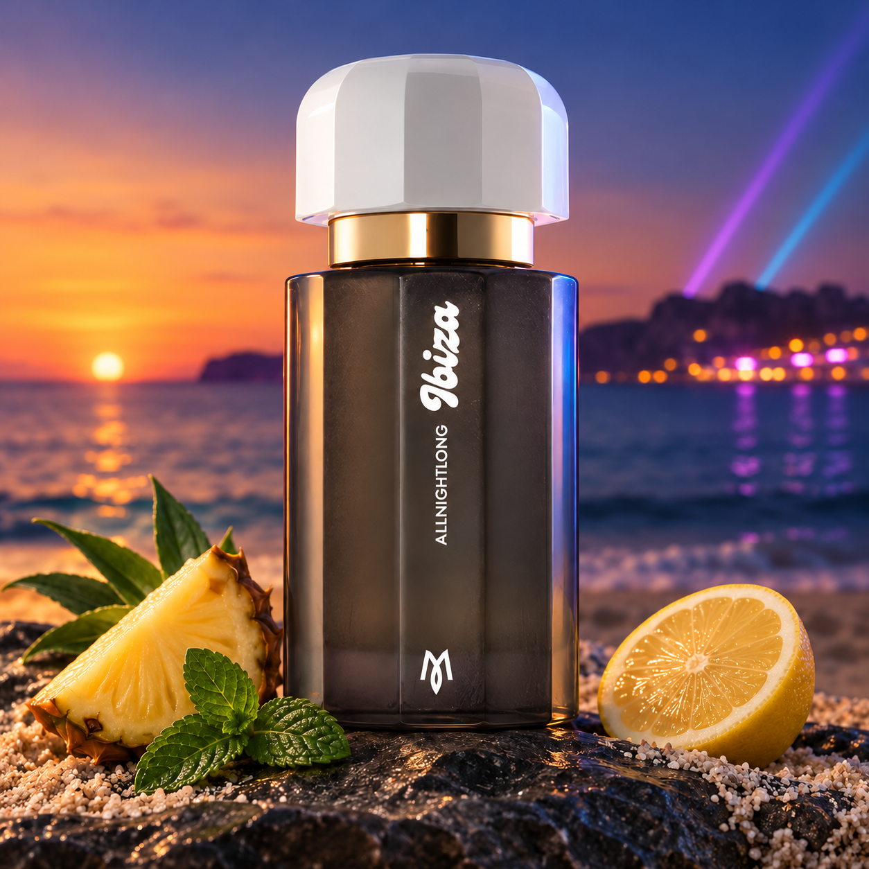 Ramon Monegal Allnightlong stands beside pineapple, mint, and lemon on coastal stone, with an Ibiza sunset and distant purple and blue party lights.