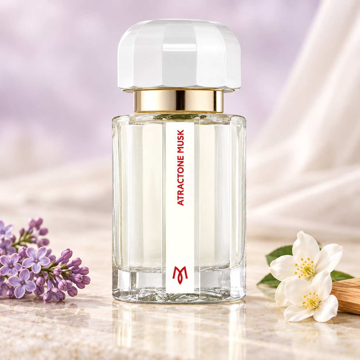 Ramon Monegal Atractone Musk on ivory stone beside lilac, white jasmine, and sandalwood, with soft cream fabric and a pale lavender backdrop.
