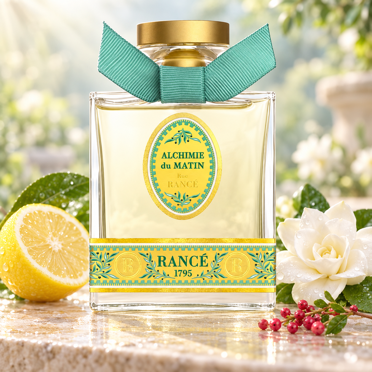 Rancé 1795 Alchimie du Matin beside lemon, a dewy white gardenia, and pink pepper berries on pale stone in soft morning light.