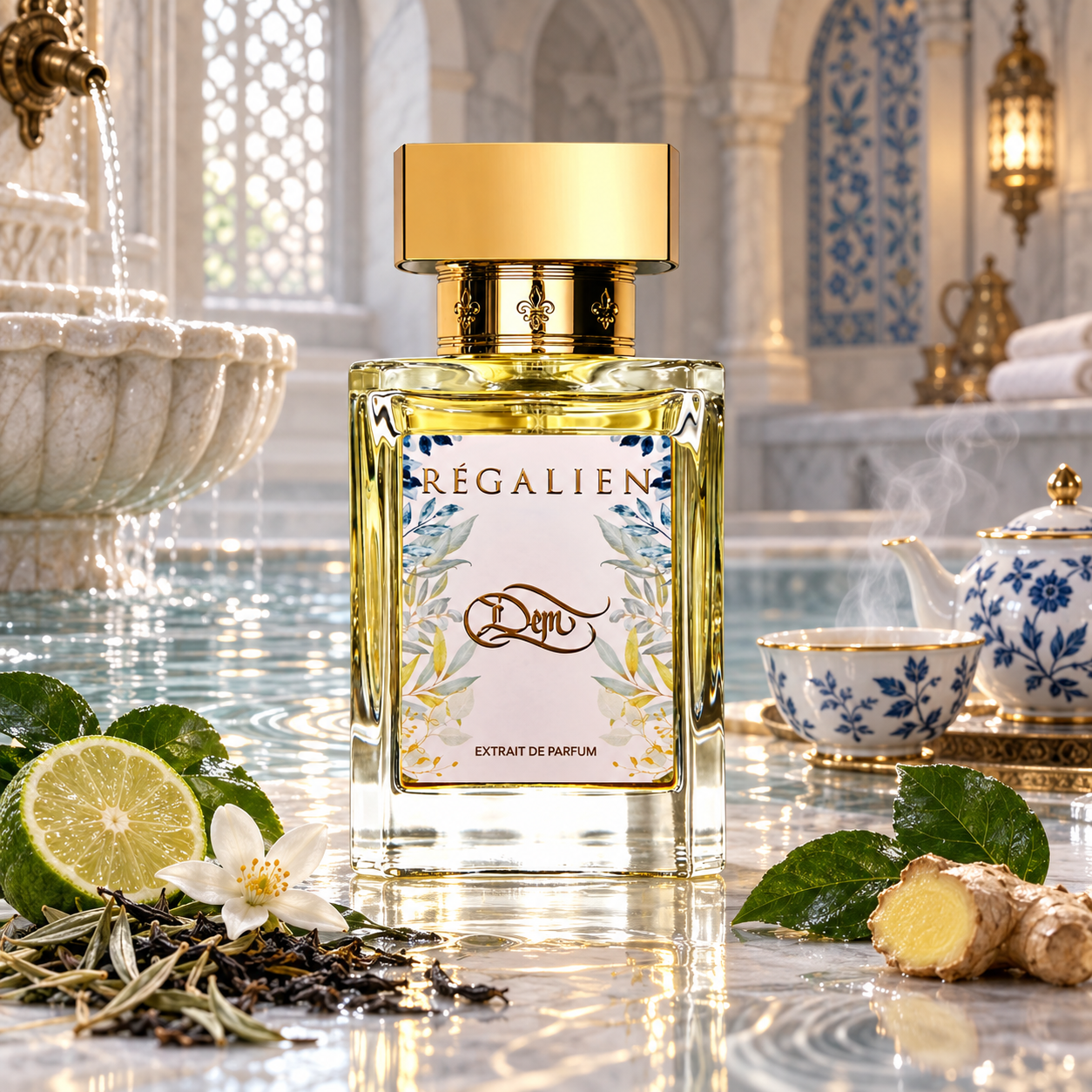 Régalien Dem perfume rests beside a marble fountain in a serene Ottoman hammam, surrounded by porcelain tea service, bergamot, neroli, tea leaves, ginger, and patchouli.