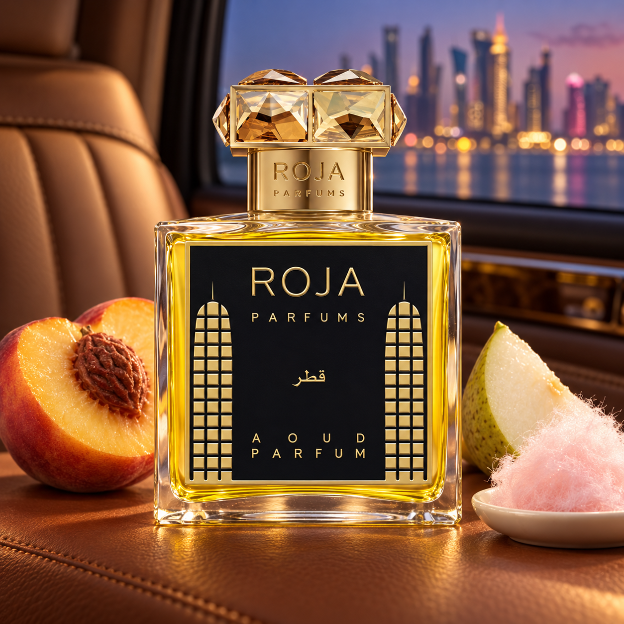 Roja Qatar on cognac leather beside peach, pear, and pink candyfloss, with a softly blurred waterfront skyline glowing at dusk.