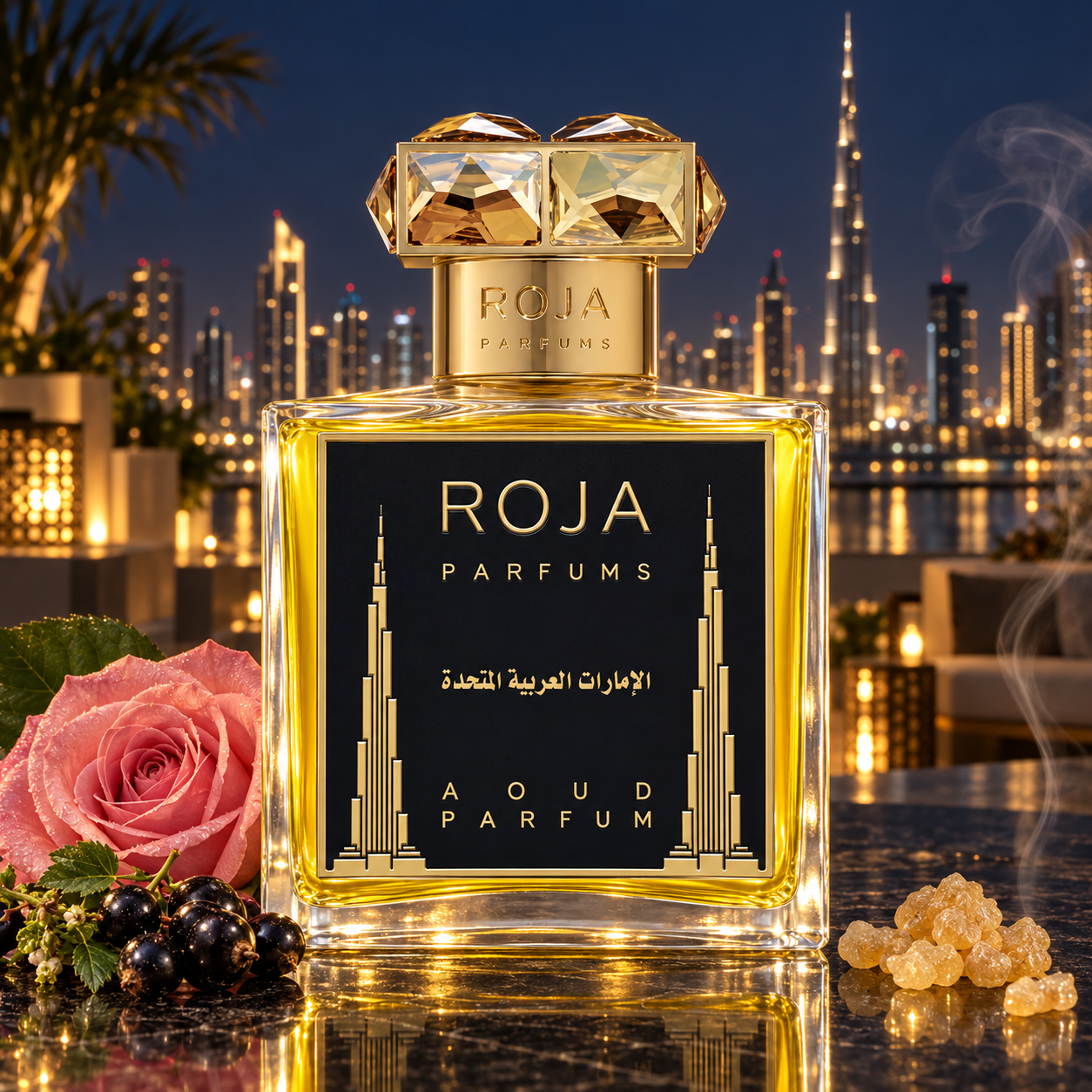 United Arab Emirates beside a pink rose, blackcurrants, and frankincense resin on polished dark stone, with drifting smoke and Dubai’s illuminated skyline behind.