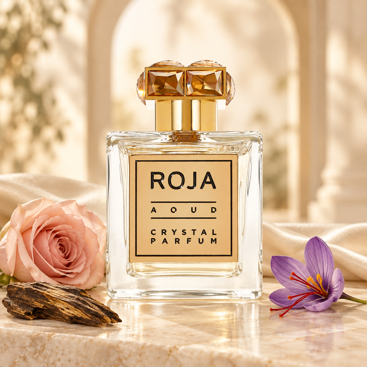 Roja Aoud Crystal Parfum beside a blush rose, saffron crocus, and oud wood on ivory stone, with cream silk and warm sunlight.